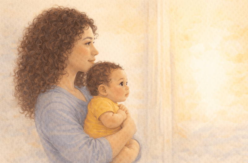 Watercolor illustration of a mother standing by a sunlit window holding her baby, both looking toward the light