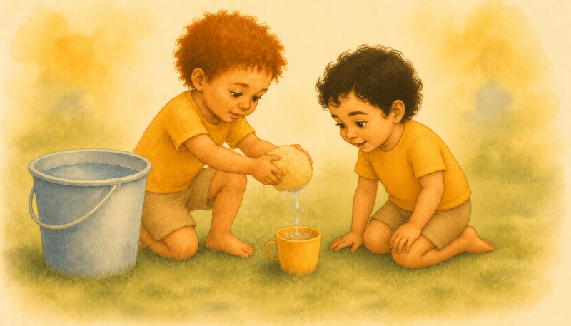 Two 3-year-old preschoolers doing a cooperative water relay outdoors — first cooperative summer play activities for preschoolers