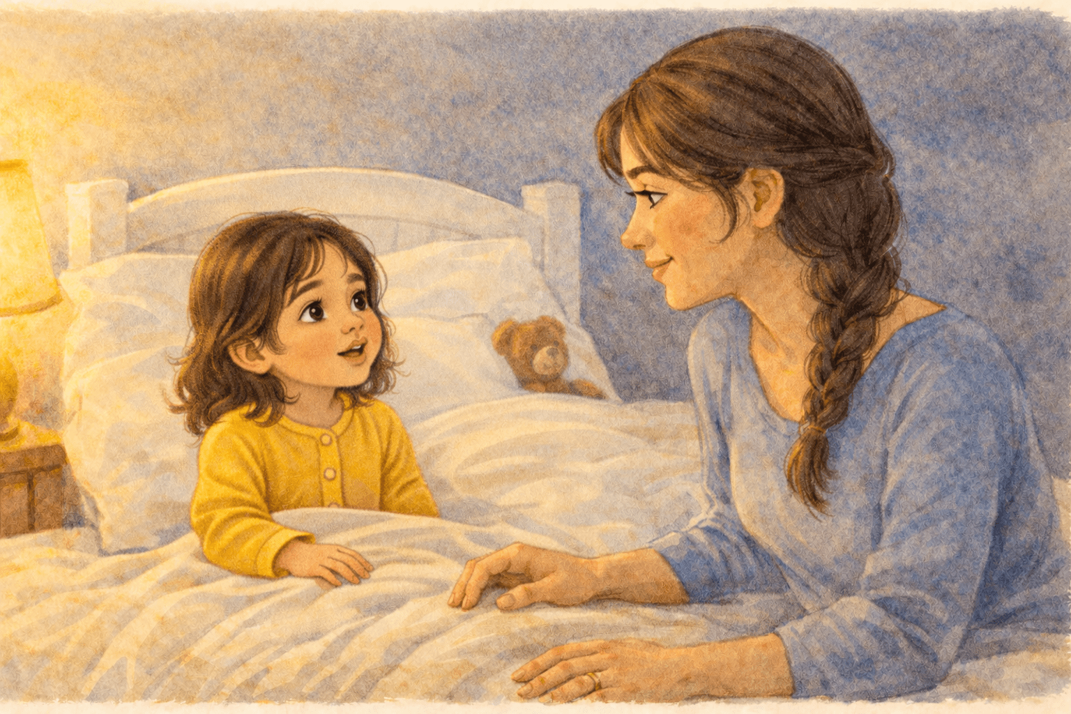 Preschooler sitting in bed asking mother a question at bedtime — bedtime conversation builds memory