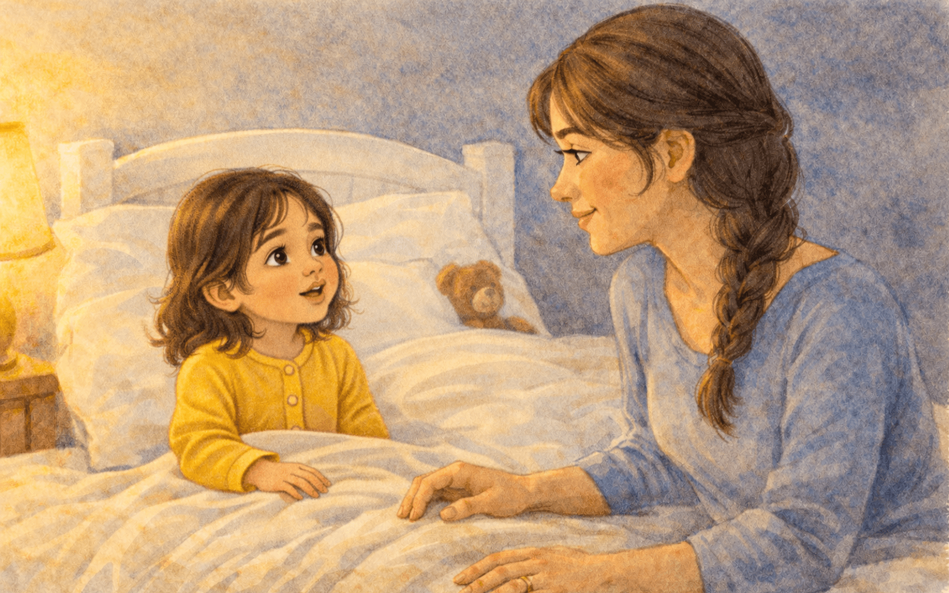 Preschooler sitting in bed asking mother a question at bedtime — bedtime conversation builds memory