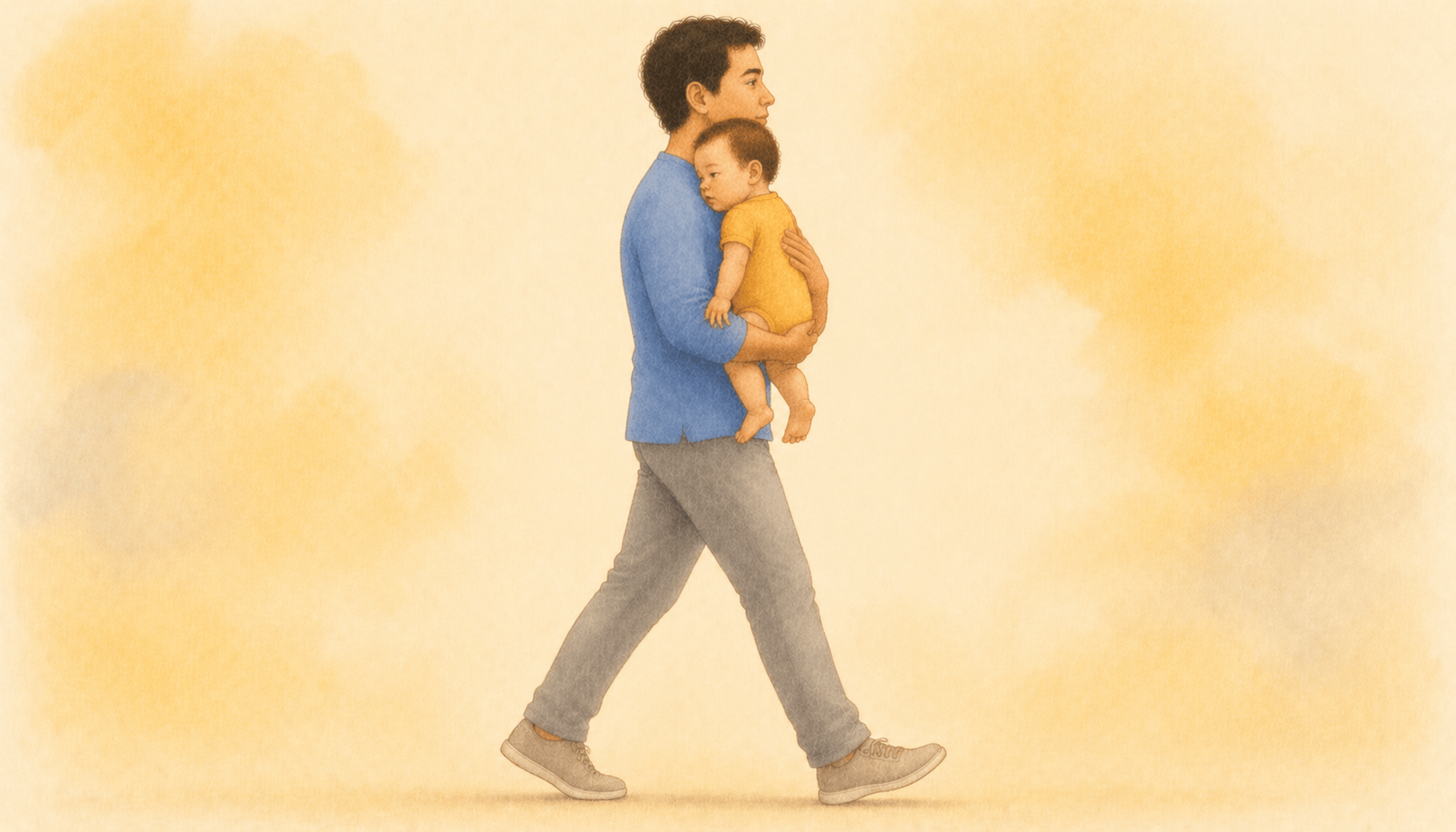 Father walking while holding drowsy 7-month-old baby securely against his chest — illustrating motion nap as a strategy when baby won't nap