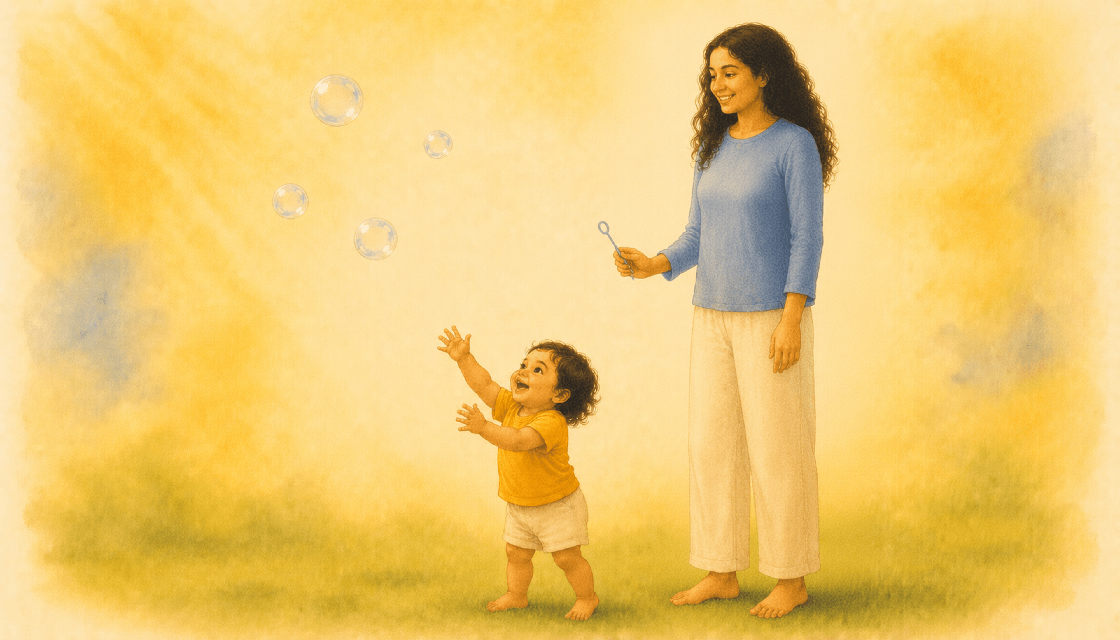 17-month-old toddler reaching up joyfully toward floating soap bubbles outdoors while mother holds a bubble wand — summer outdoor play for toddlers