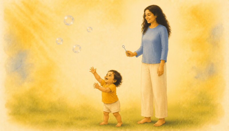 17-month-old toddler reaching up joyfully toward floating soap bubbles outdoors while mother holds a bubble wand — summer outdoor play for toddlers