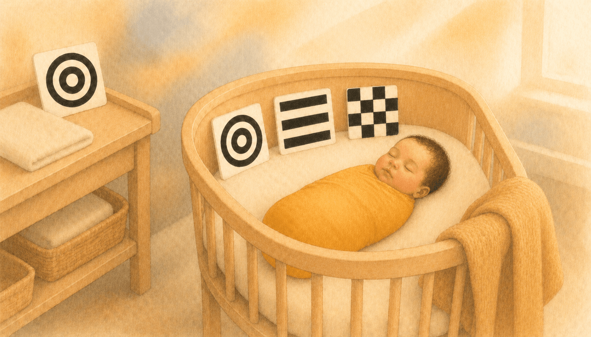 Nursery corner with a bassinet, sleeping swaddled newborn, and high-contrast black-and-white cards at eye level — preparing baby's first visual environment