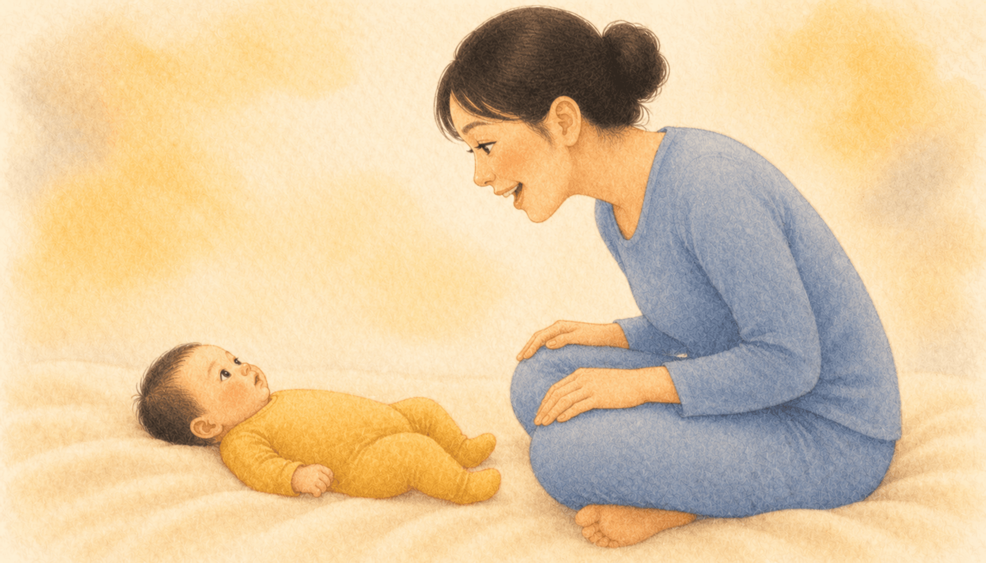 Newborn lying awake on a blanket with mother leaning forward attentively — first week newborn wake window at home