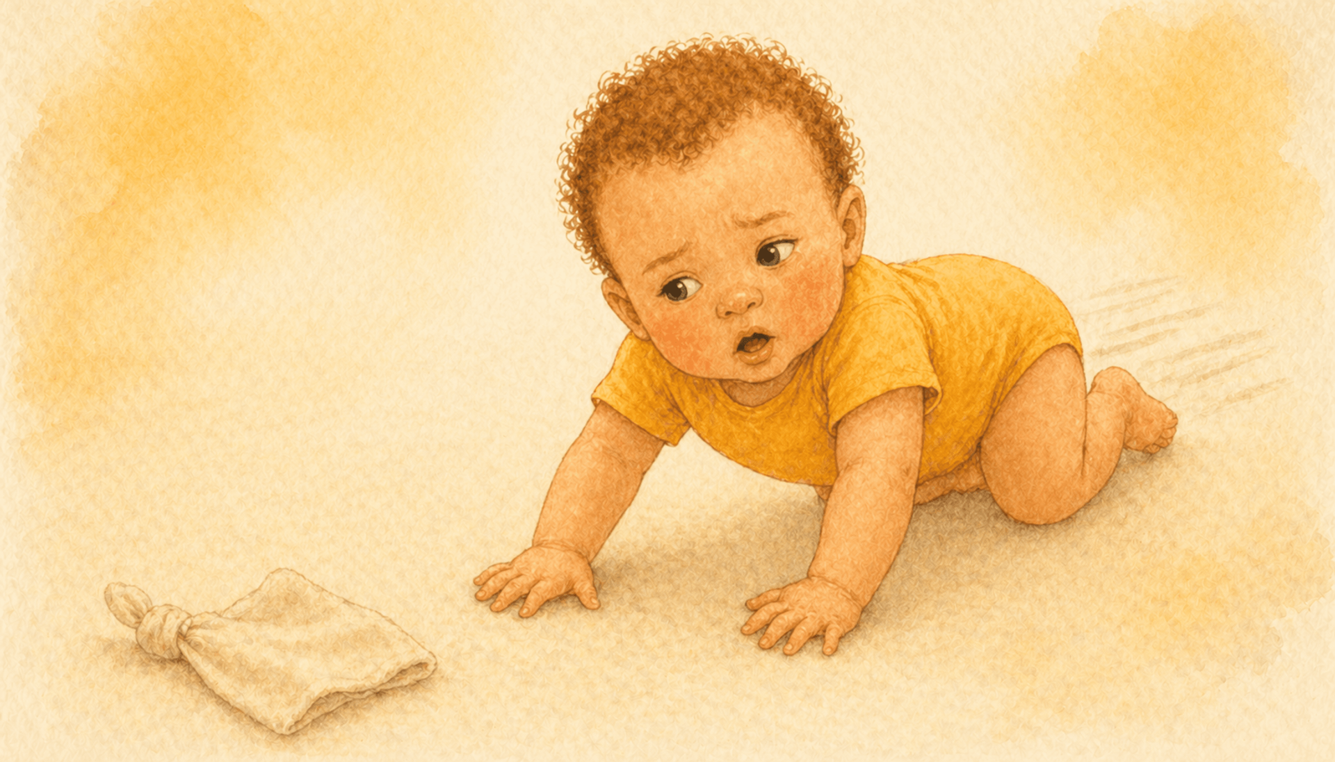 Baby with light brown skin and reddish fuzz pushing backwards on hands and knees, looking at small fabric toy out of reach — typical first attempt at crawling