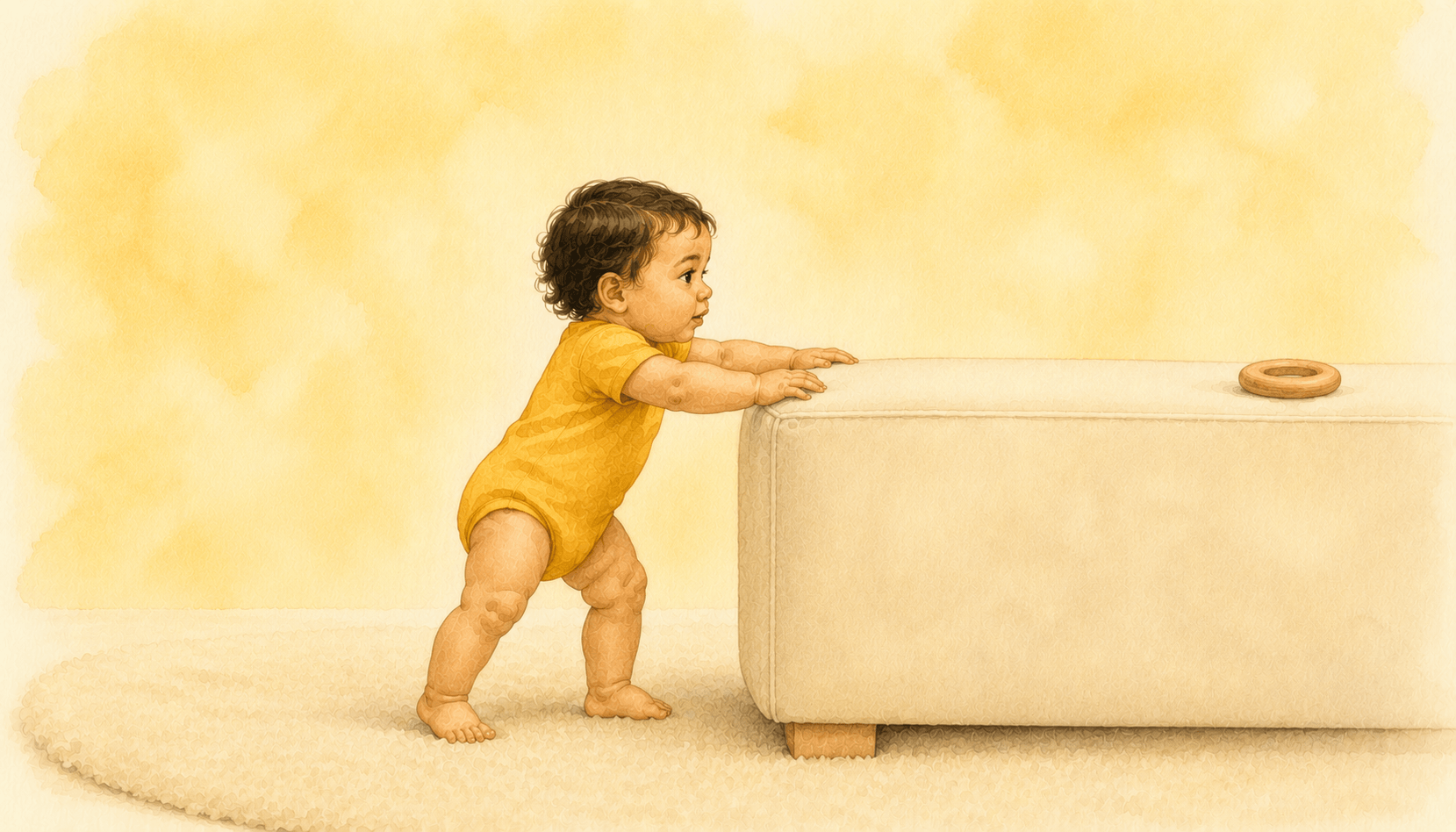 Eleven-month-old baby cruising along a low ottoman, hands gripping the edge, stepping sideways toward a wooden toy — gross motor development milestone of cruising at 11 months