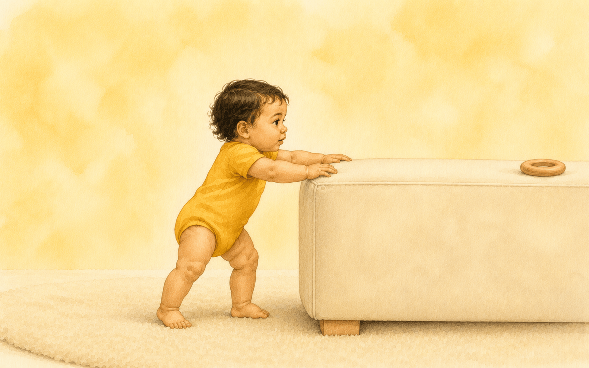 Eleven-month-old baby cruising along a low ottoman, hands gripping the edge, stepping sideways toward a wooden toy — gross motor development milestone of cruising at 11 months