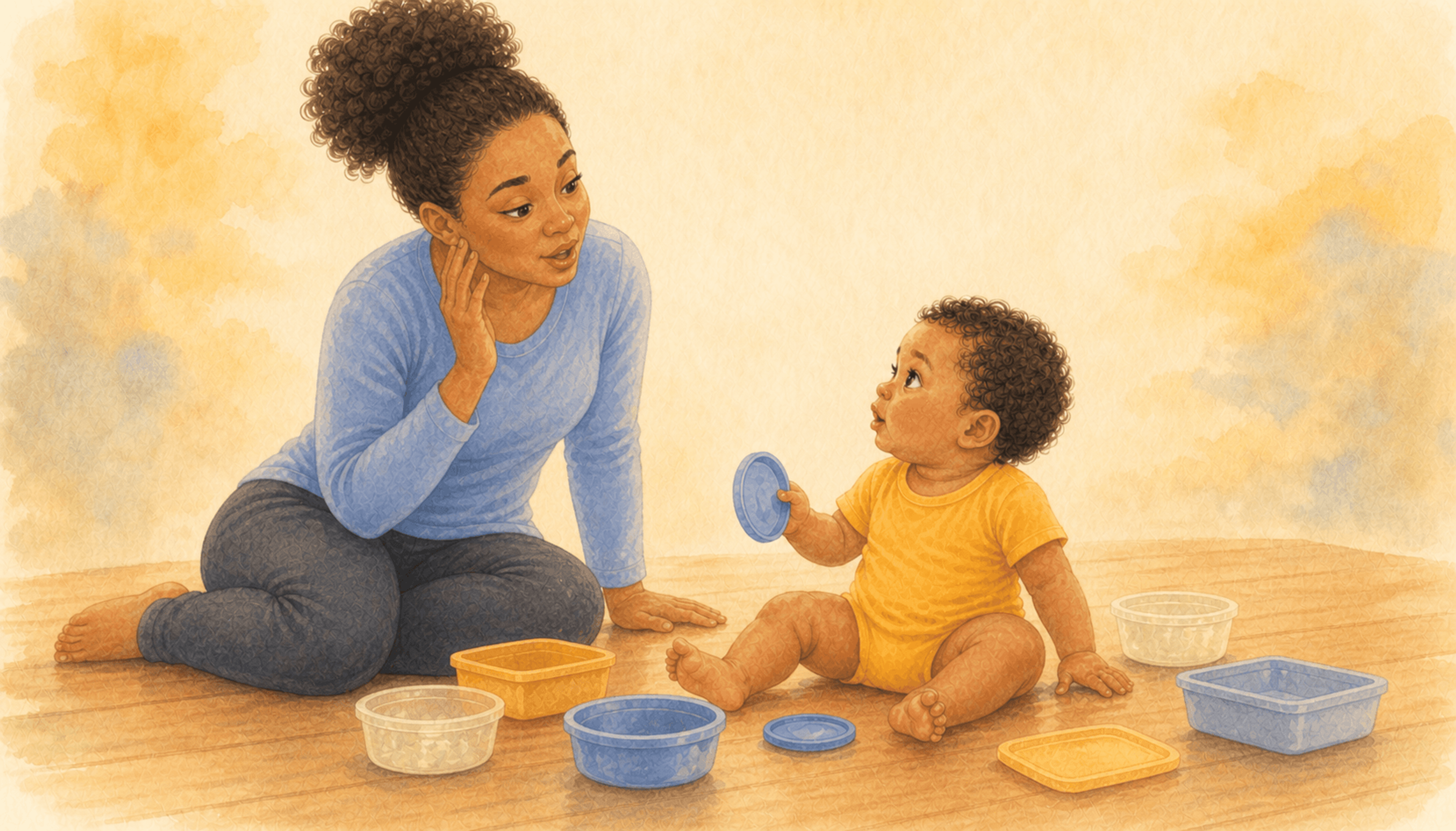 Ten-month-old baby surrounded by plastic food containers on the floor while mother sitting beside says "uh-oh" — abstract-word comprehension and activities for 10 month old at home
