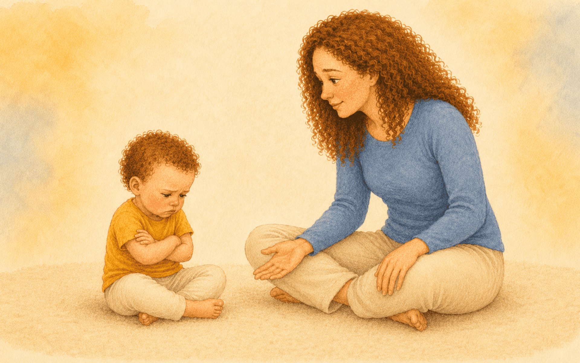 Mother sitting calmly on floor with upset toddler during tantrum — gentle parenting in practice