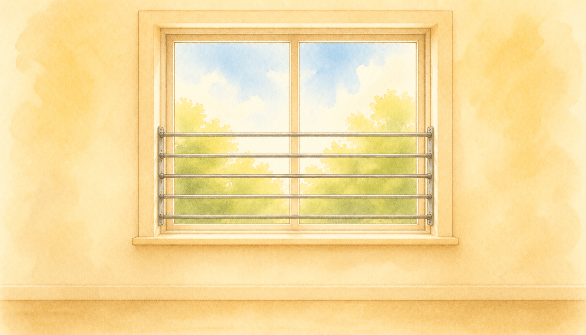 A window fitted with evenly spaced safety bars and a clear floor beneath it — window guards as a baby proofing fall-prevention measure