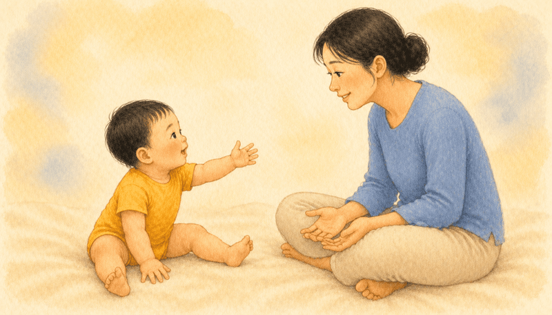 Baby reaching toward mother during face-to-face interaction — early communication and baby sign language, watercolor illustration