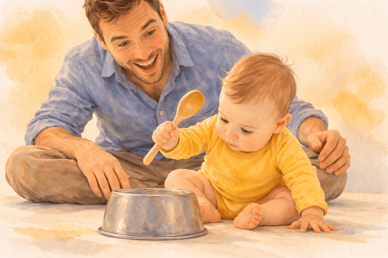 Watercolor illustration of a father sitting on the floor while an eight-month-old baby holds a wooden spoon over an overturned pot