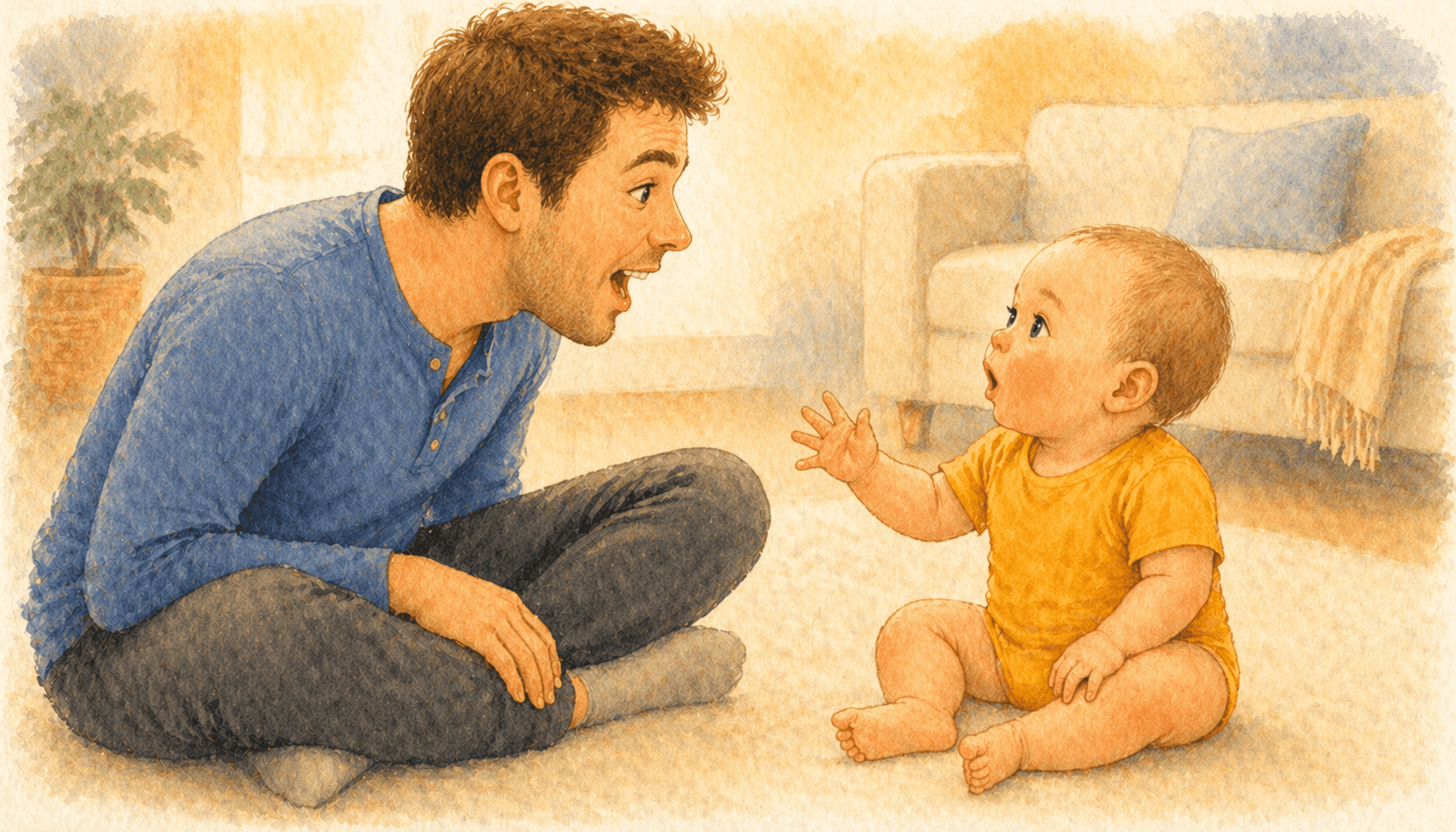 Dad sitting face-to-face with his 8-month-old baby, both in mid-babble — conversational imitation as language practice at 8 months