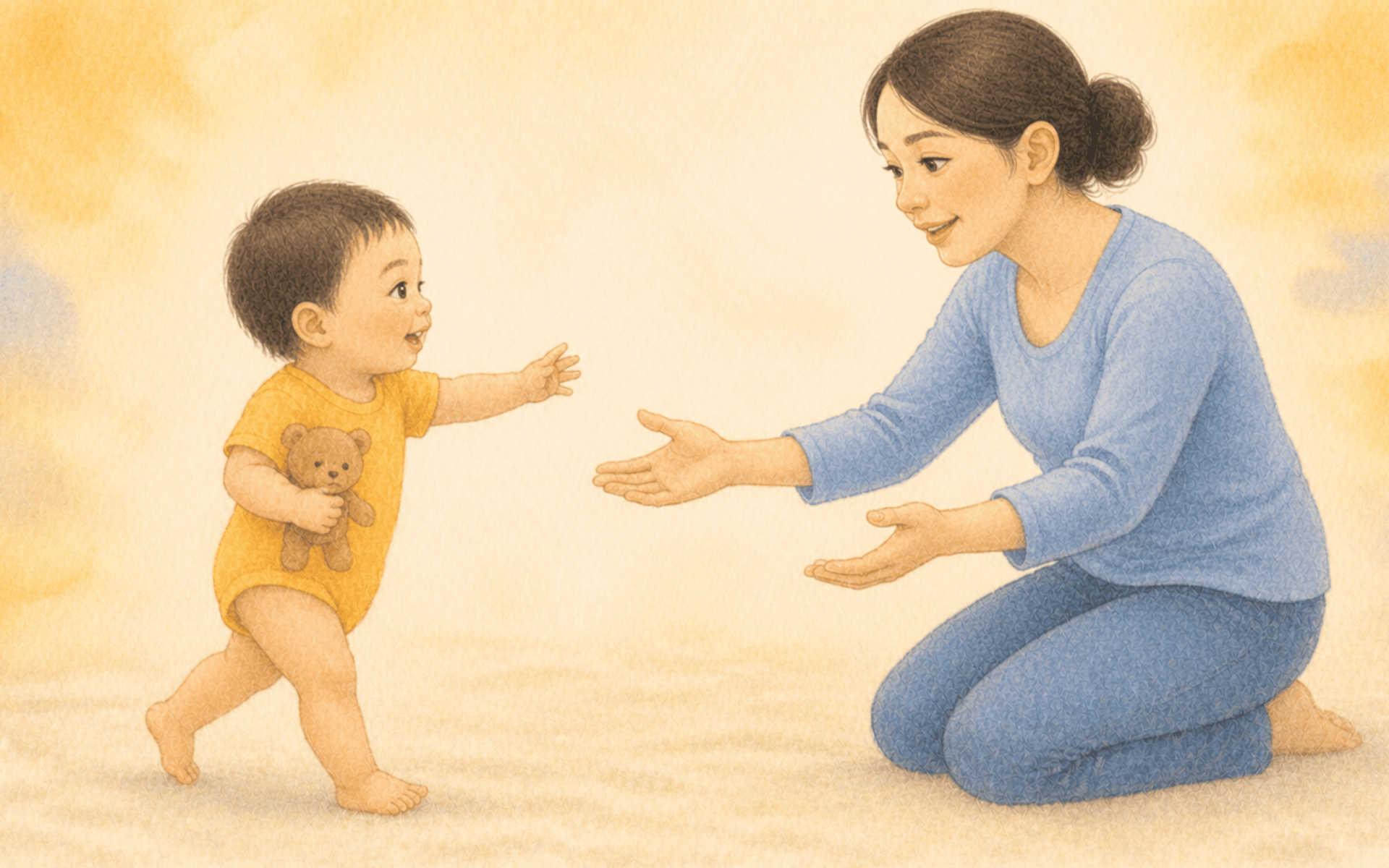 Eleven-month-old baby holding out a wooden spoon toward mother seated on the rug — show-and-give gesture as the precursor to pointing in activities for 11 month old language development