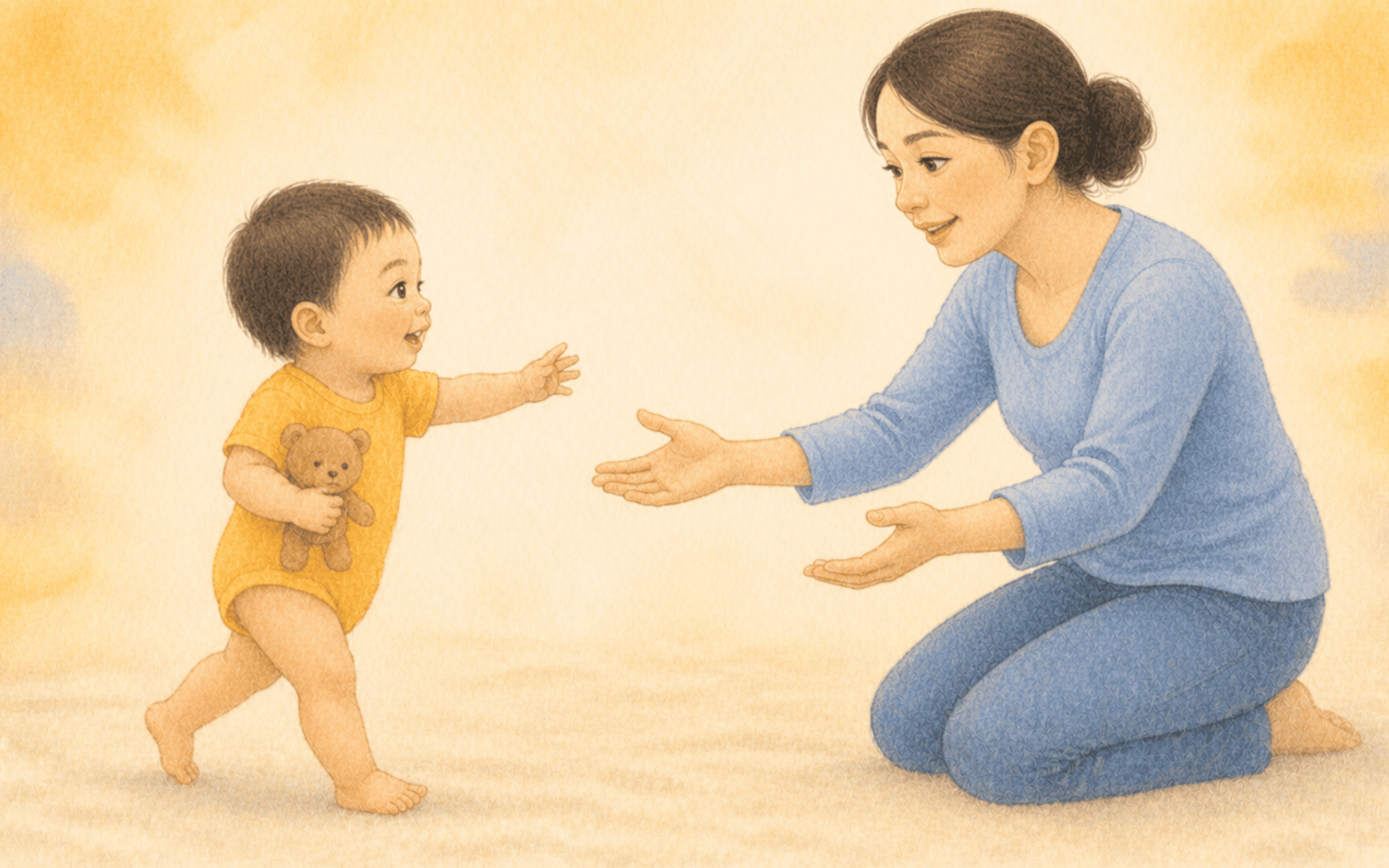 Eleven-month-old baby holding out a wooden spoon toward mother seated on the rug — show-and-give gesture as the precursor to pointing in activities for 11 month old language development