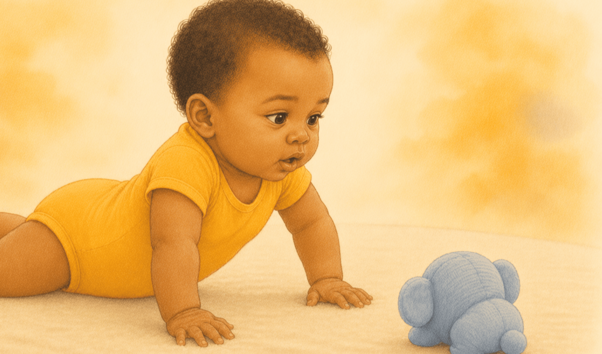 Five-month-old baby in extended-arm push-up during tummy time, chest fully lifted, focused on a toy ahead — tummy time strengthening at 5 months