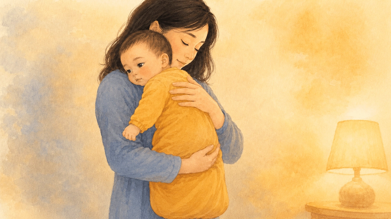 Mother with East Asian features holding a 4-month-old baby against her chest at night — illustrating when babies sleep through the night and night waking in early infancy