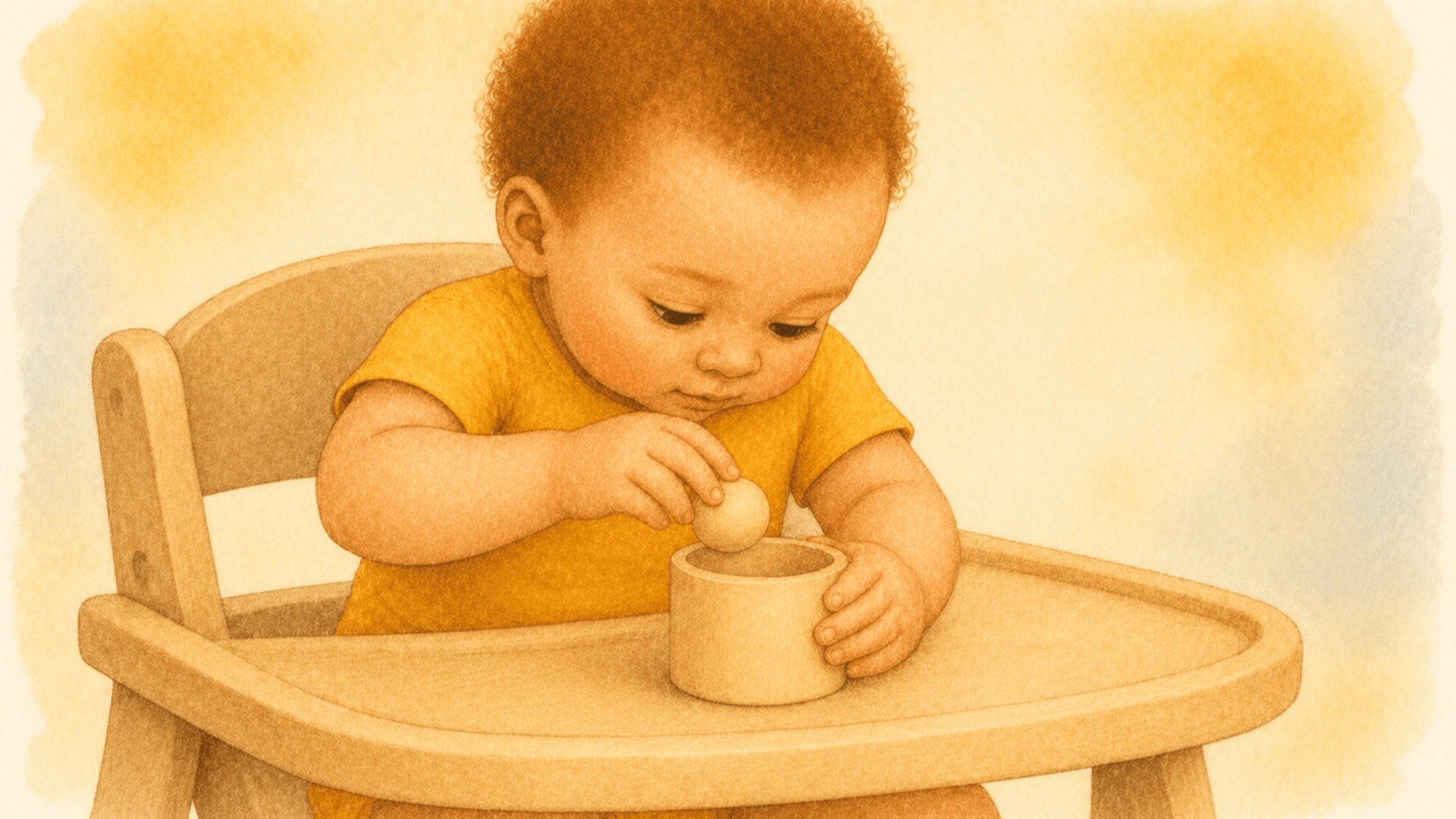 Ten-month-old baby in a high chair using pincer grasp to place a wooden ball into a container — fine motor skills activity for 9 to 12 month old baby