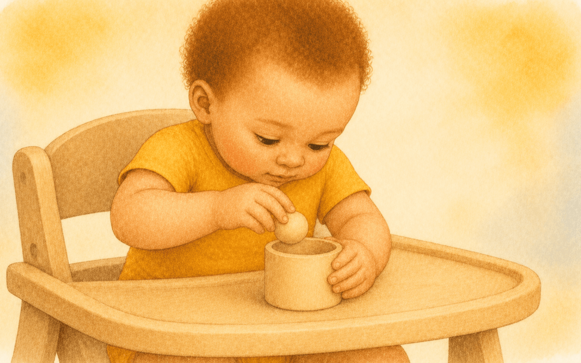 Ten-month-old baby in a high chair using pincer grasp to place a wooden ball into a container — fine motor skills activity for 9 to 12 month old baby