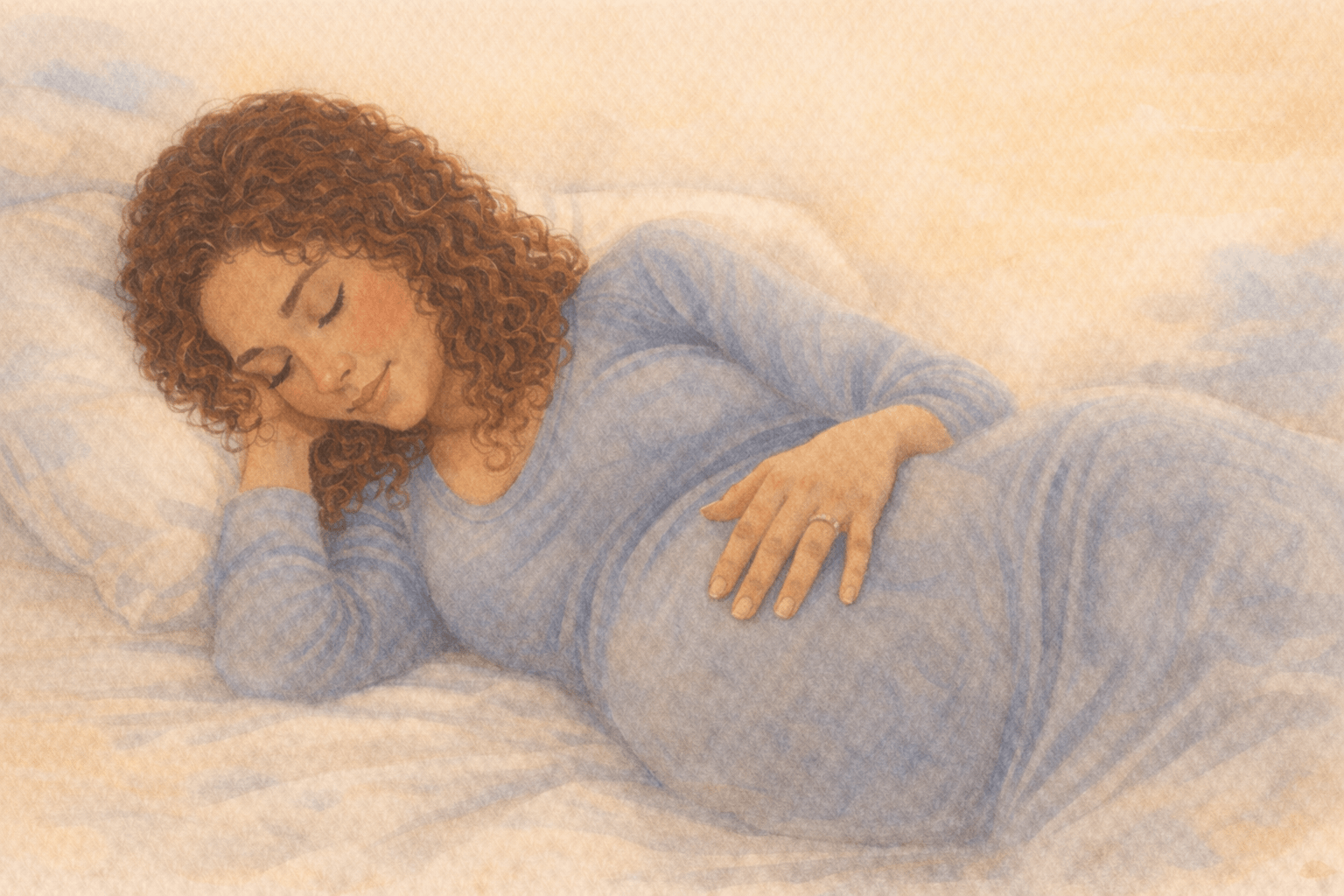 Watercolor illustration of pregnant woman lying on her side with hand on belly in a quiet evening moment