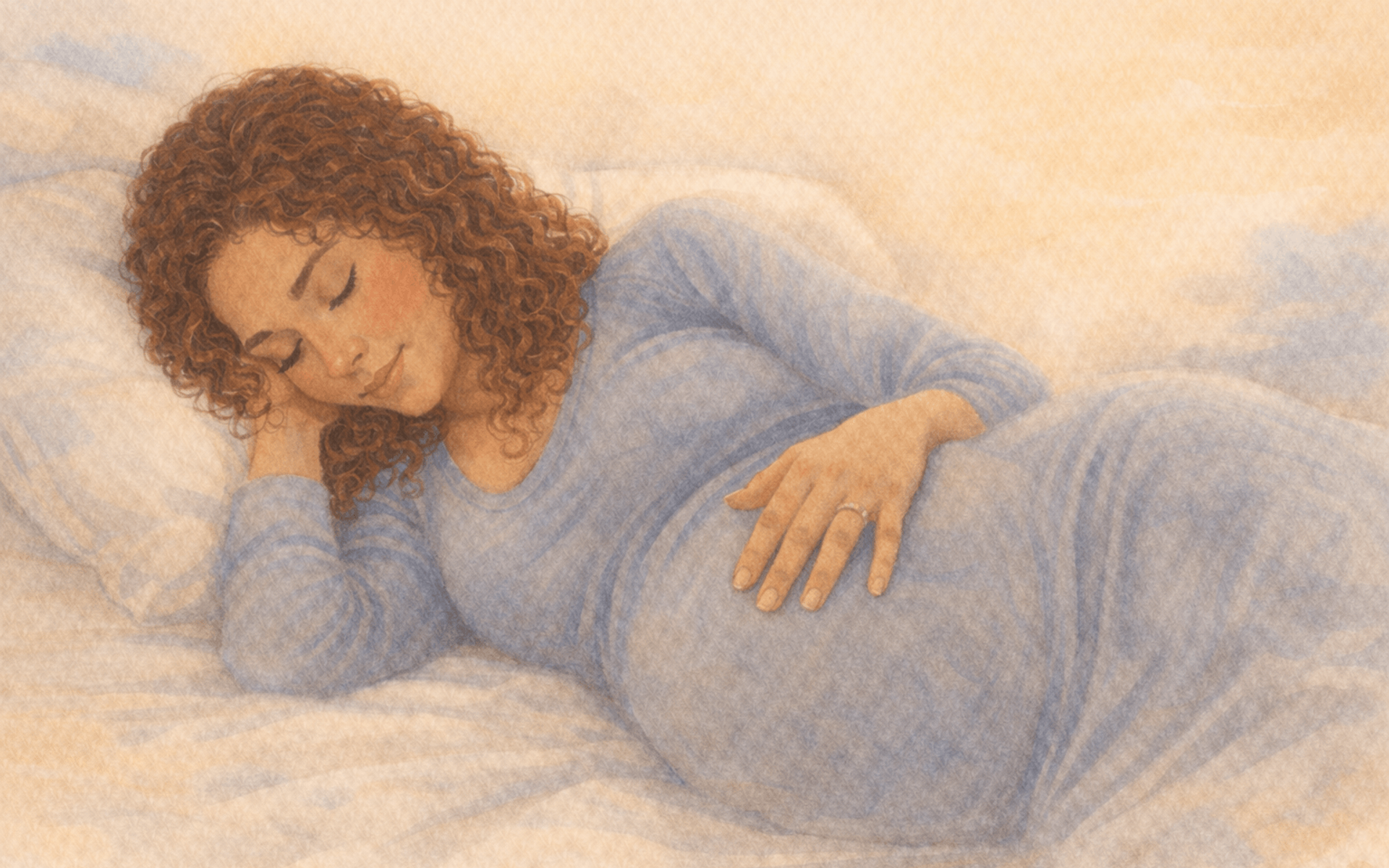 Watercolor illustration of pregnant woman lying on her side with hand on belly in a quiet evening moment