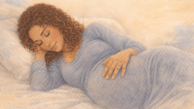 Watercolor illustration of pregnant woman lying on her side with hand on belly in a quiet evening moment