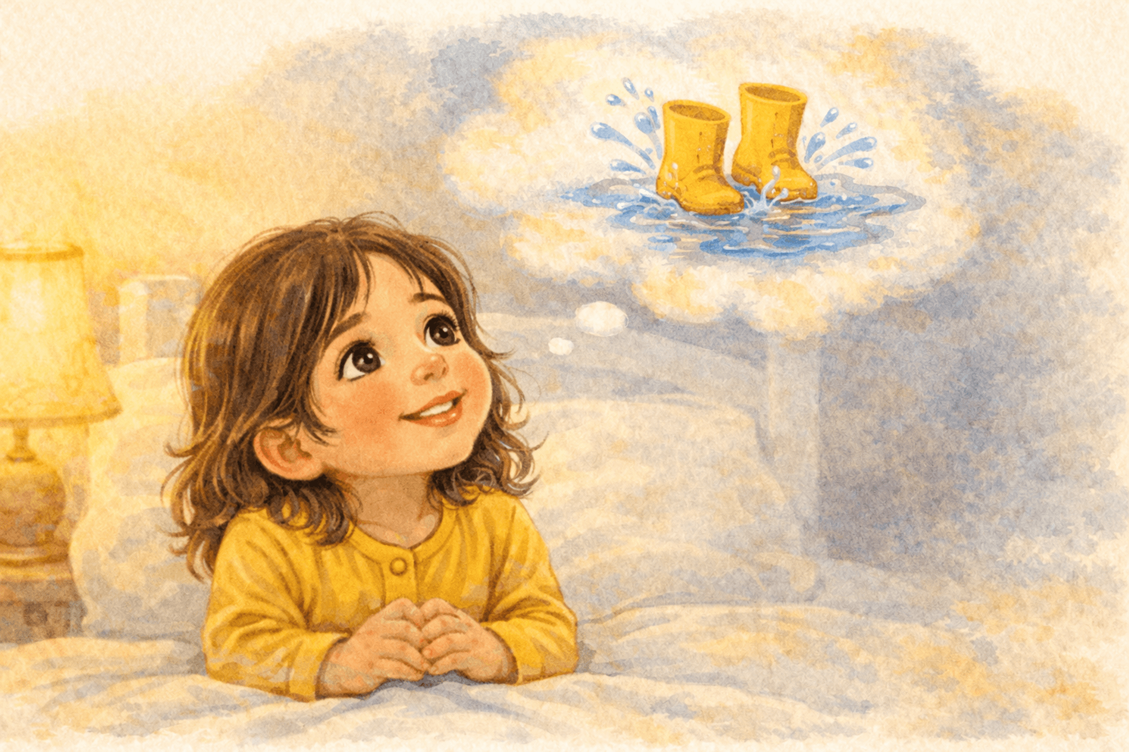 Preschooler looking up remembering a puddle — bedtime memory recall builds autobiographical memory