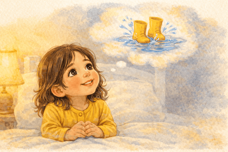 Preschooler looking up remembering a puddle — bedtime memory recall builds autobiographical memory