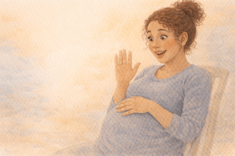 Watercolor illustration of pregnant woman reacting with surprise and delight to a strong baby kick