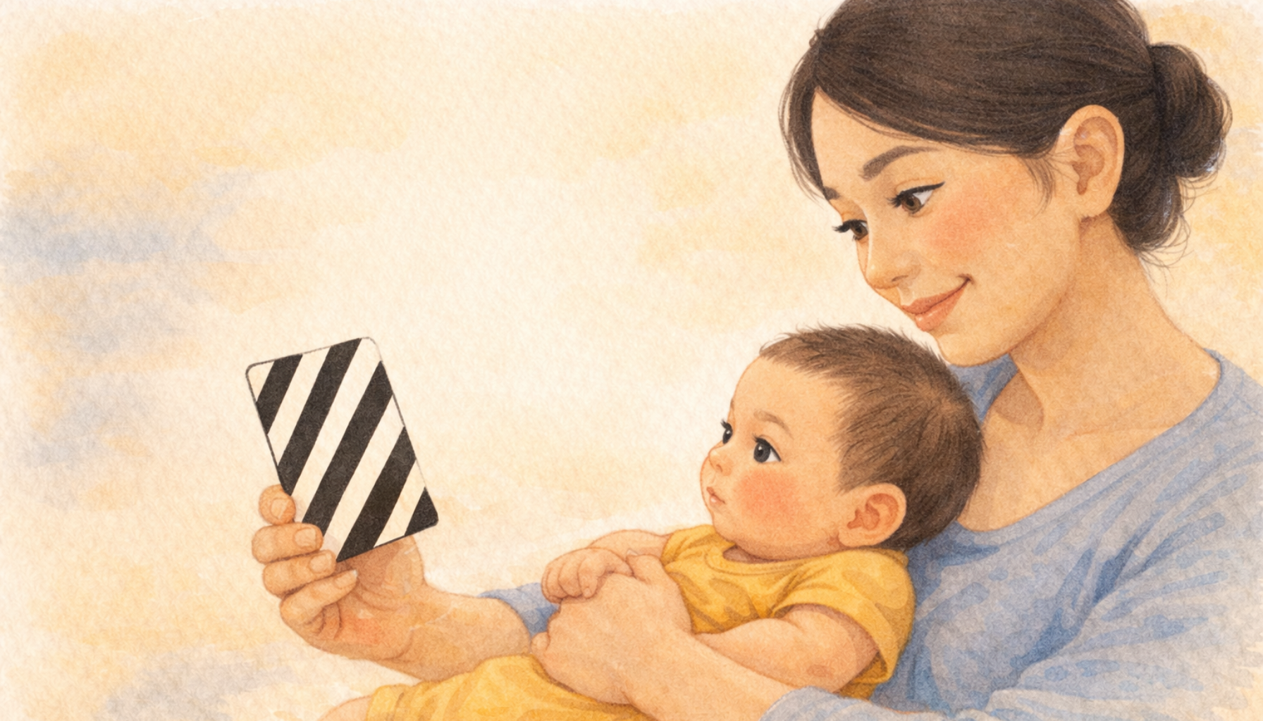 Parent holding black and white high contrast card in front of newborn baby — how high contrast cards work for visual development