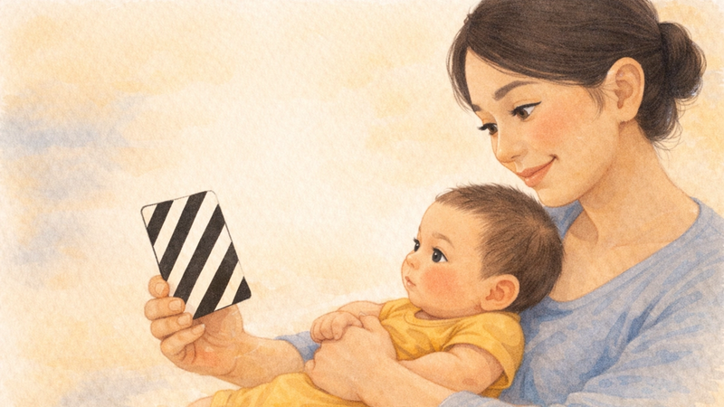 Parent holding black and white high contrast card in front of newborn baby — how high contrast cards work for visual development