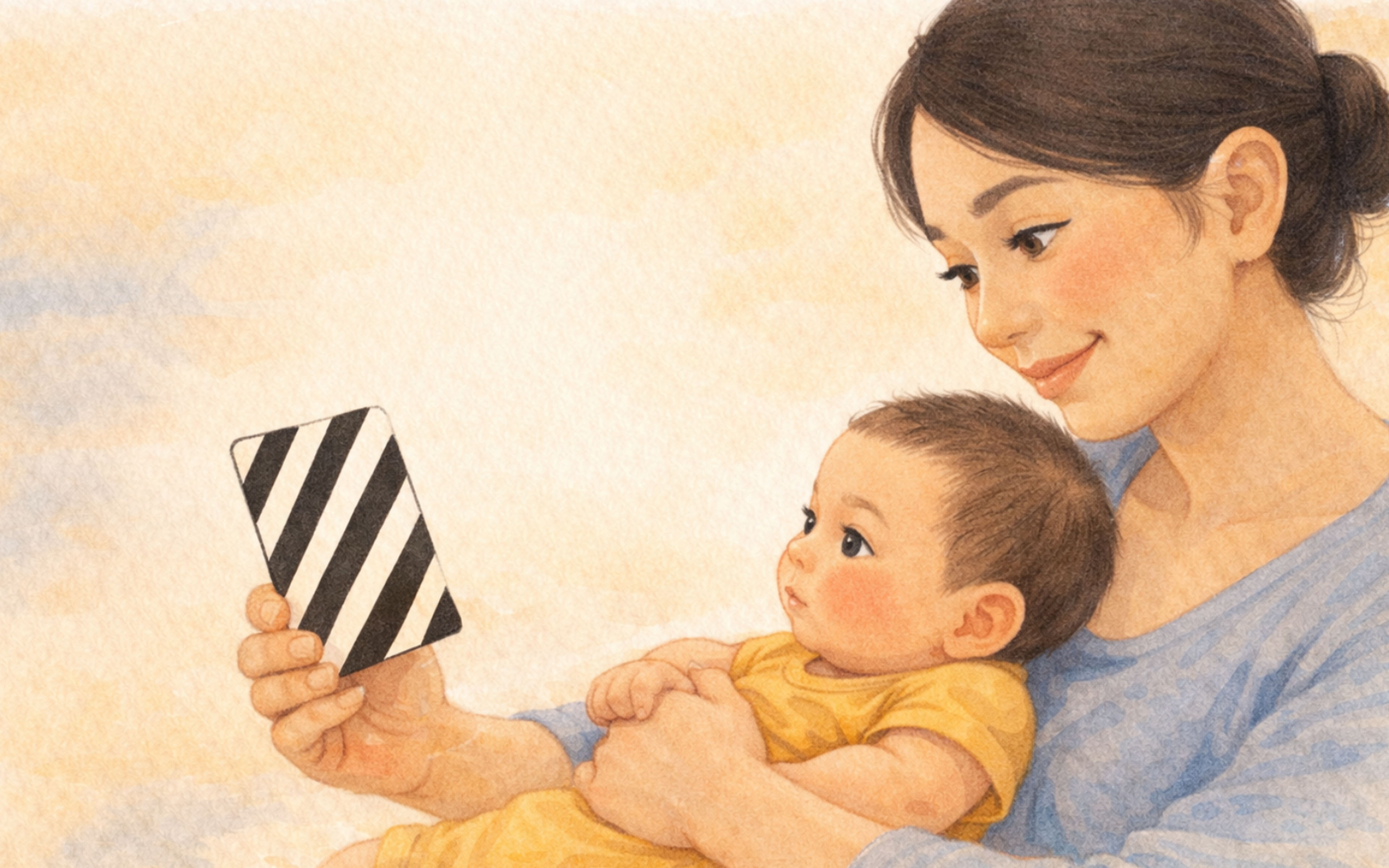 Parent holding black and white high contrast card in front of newborn baby — how high contrast cards work for visual development