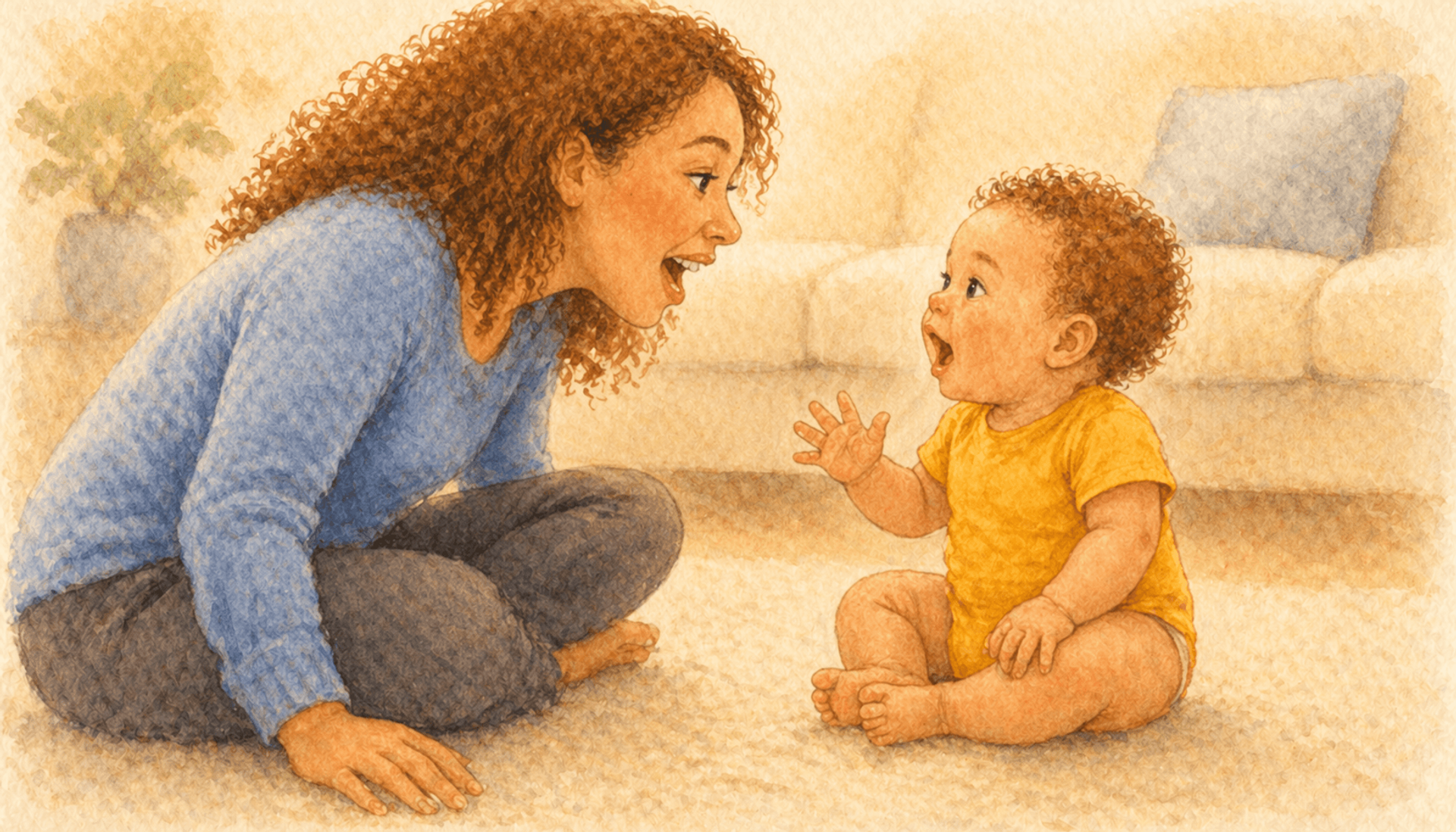 Mom with auburn curly hair sitting face-to-face with her babbling 7-month-old baby, both in mid-conversation — how conversational turns build language wiring