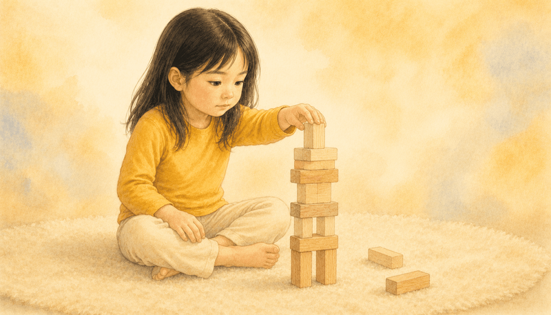 Five-year-old child seated cross-legged on a rug building a tower with natural wooden unit blocks — spatial construction as math-readiness activity for a 5 year old