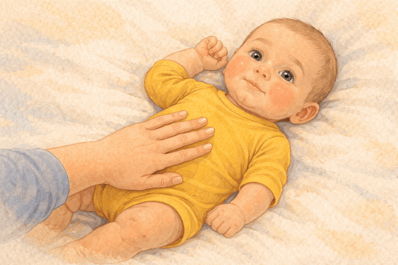 Mother gently touching 1 month old baby's tummy — sensory activity for newborn brain development
