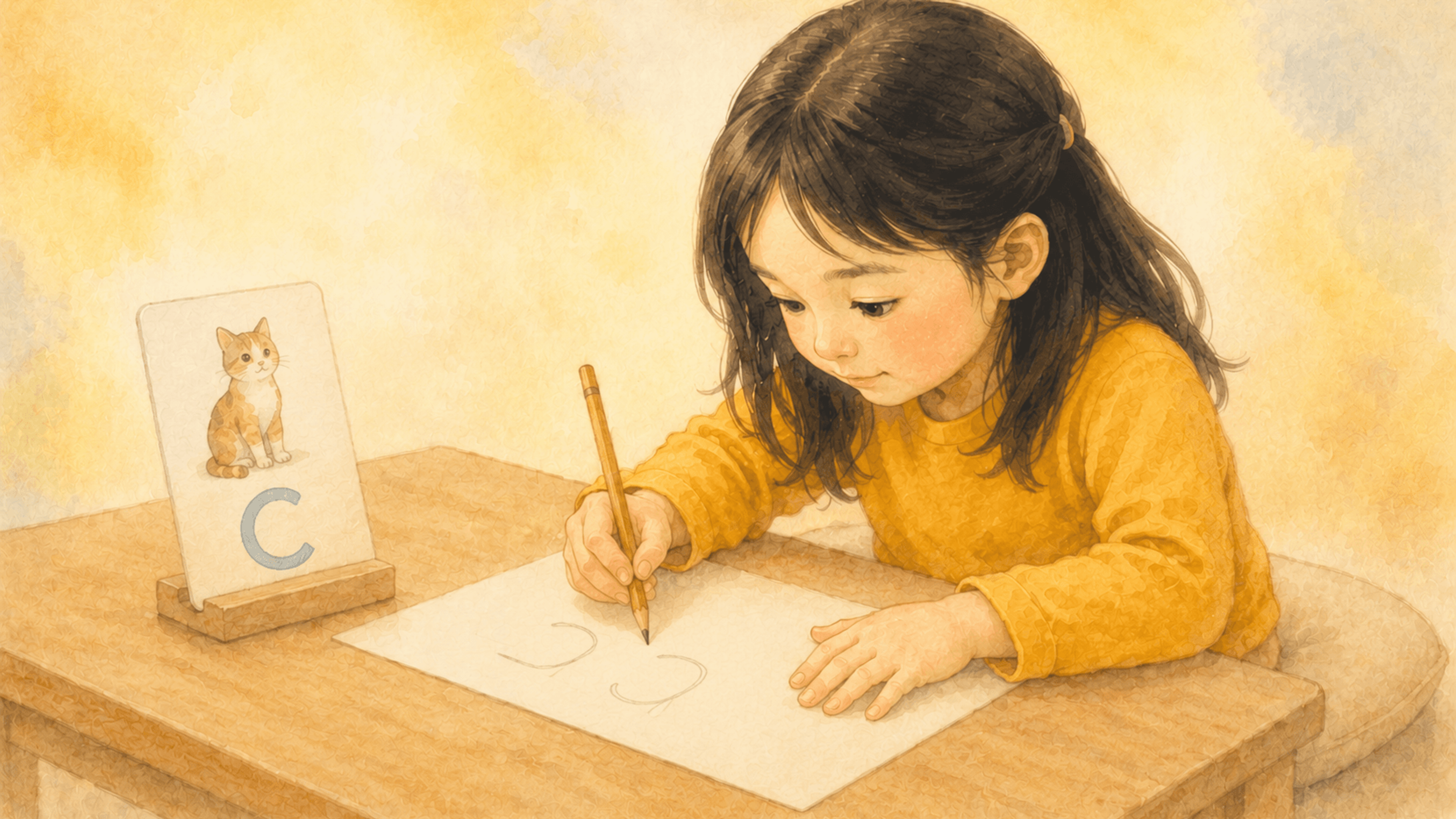 Five-year-old child writing letters by hand with a pencil at a small table, with an animal alphabet flashcard propped nearby — handwriting practice as reading preparation for 5 year olds