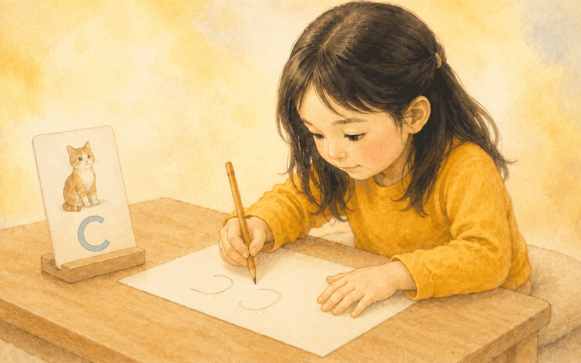 Five-year-old child writing letters by hand with a pencil at a small table, with an animal alphabet flashcard propped nearby — handwriting practice as reading preparation for 5 year olds