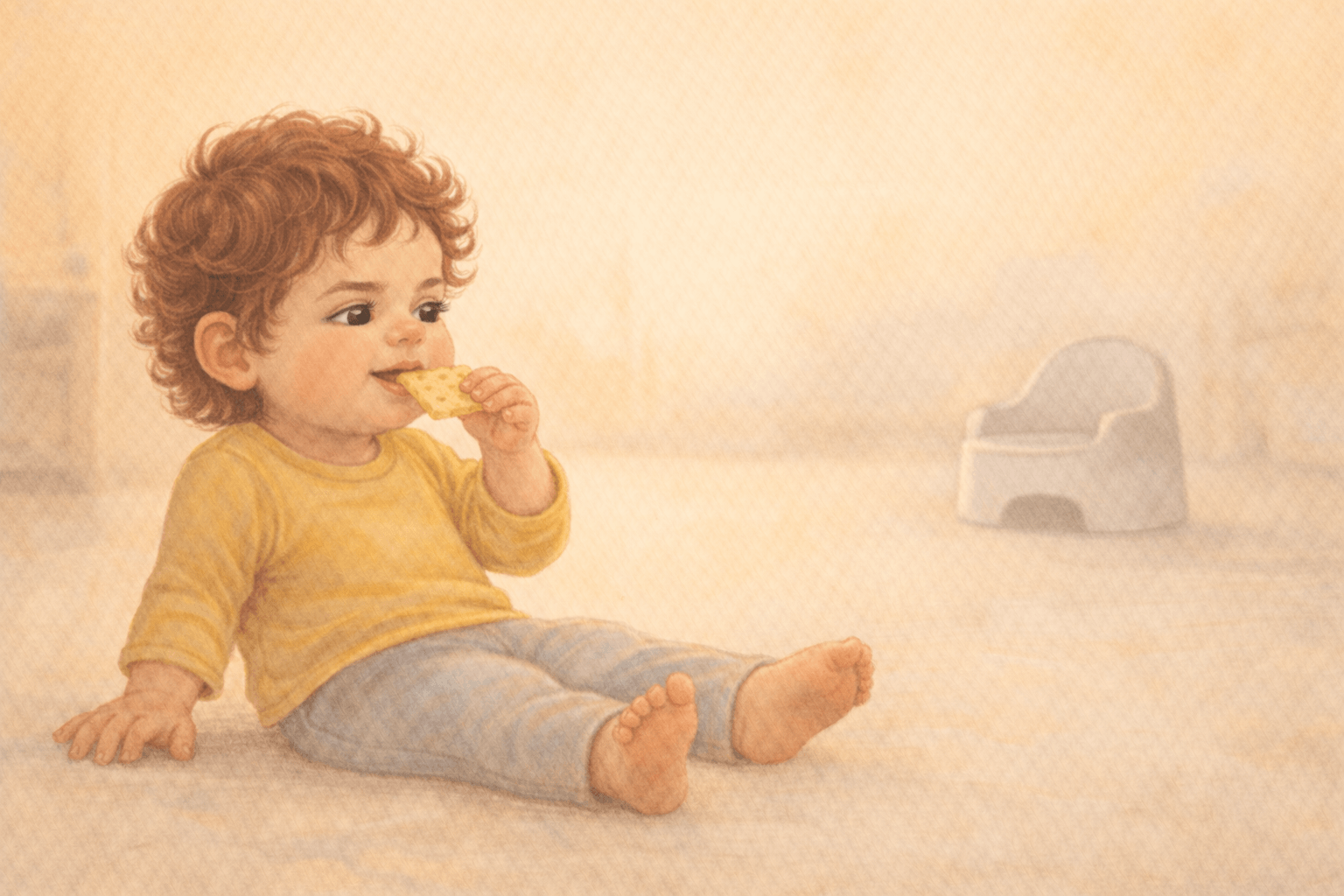 Toddler sitting on living room floor eating a cracker while a potty chair sits empty in the background — potty training readiness starts with the child