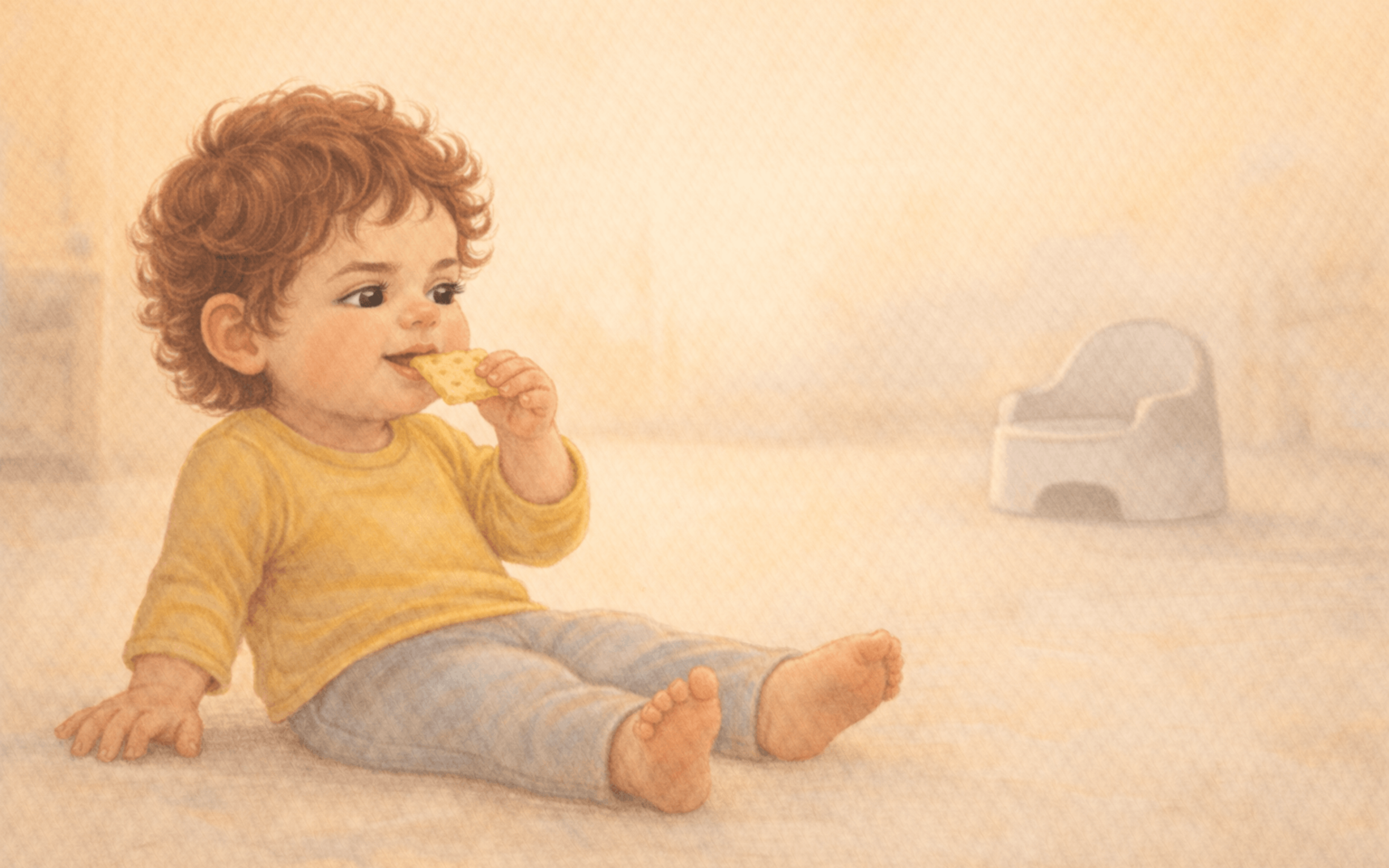 Toddler sitting on living room floor eating a cracker while a potty chair sits empty in the background — potty training readiness starts with the child