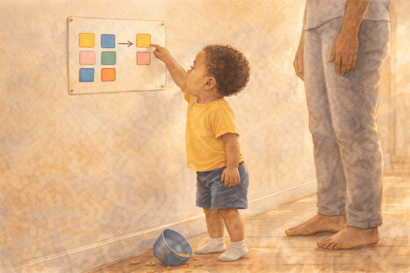 Toddler on tiptoes pointing at visual schedule routine board on the wall