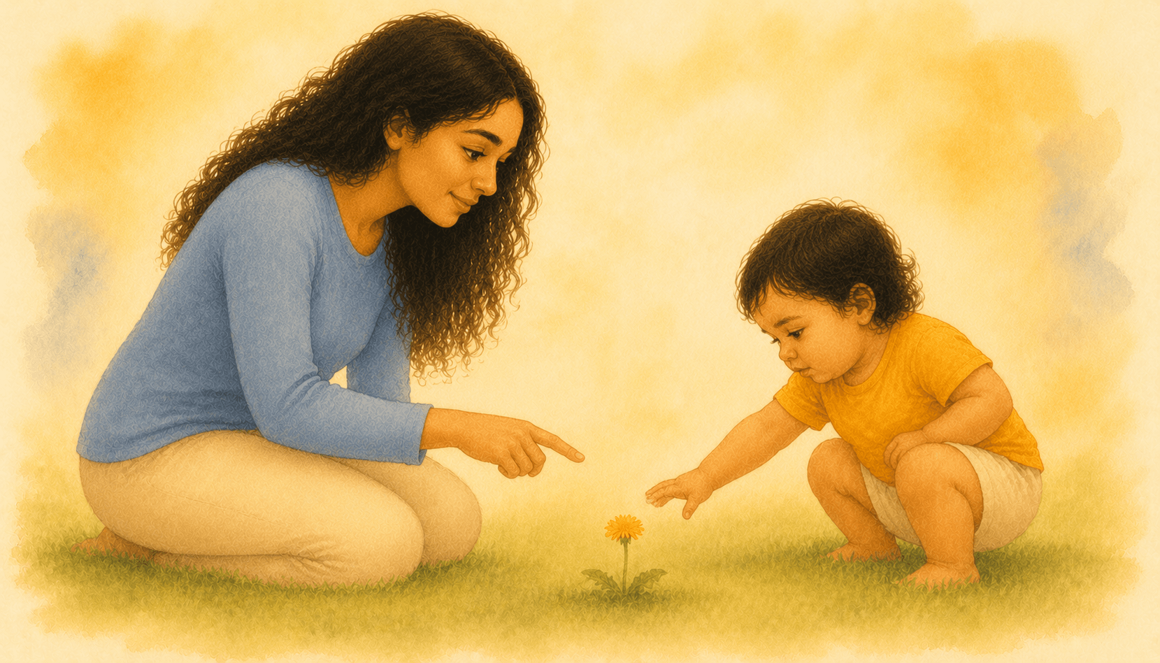 Toddler crouching outdoors reaching toward a dandelion while mother kneels beside and points — outdoor summer activities for toddlers and early language development