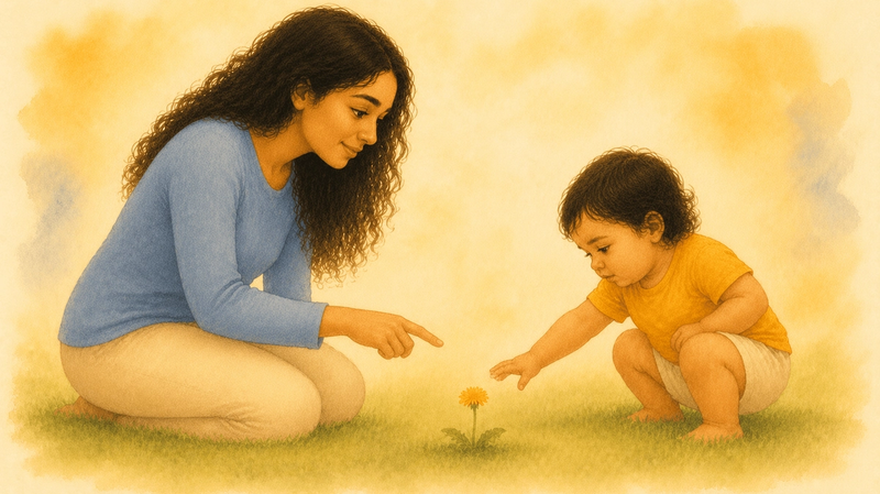 Toddler crouching outdoors reaching toward a dandelion while mother kneels beside and points — outdoor summer activities for toddlers and early language development