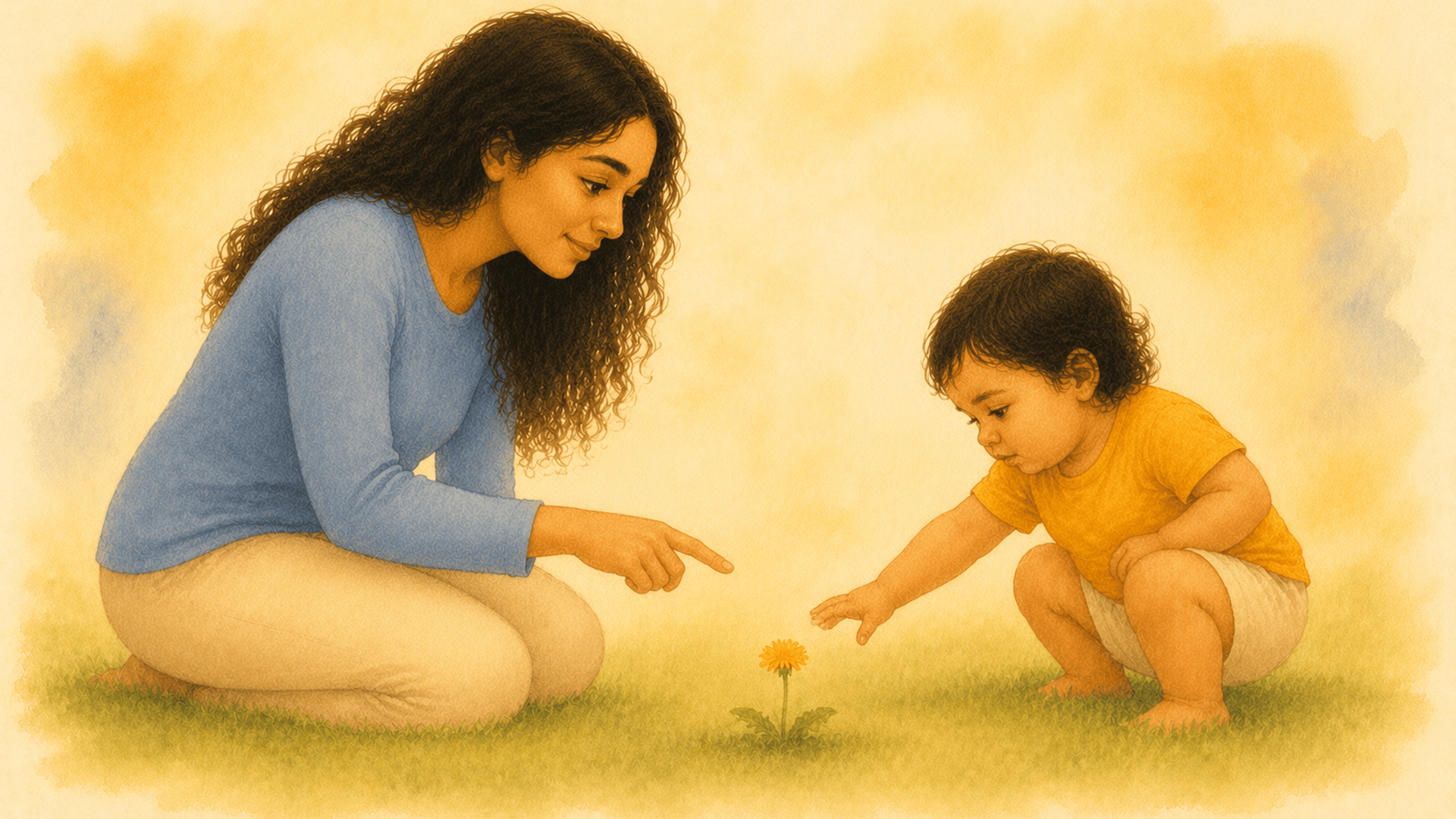 Toddler crouching outdoors reaching toward a dandelion while mother kneels beside and points — outdoor summer activities for toddlers and early language development
