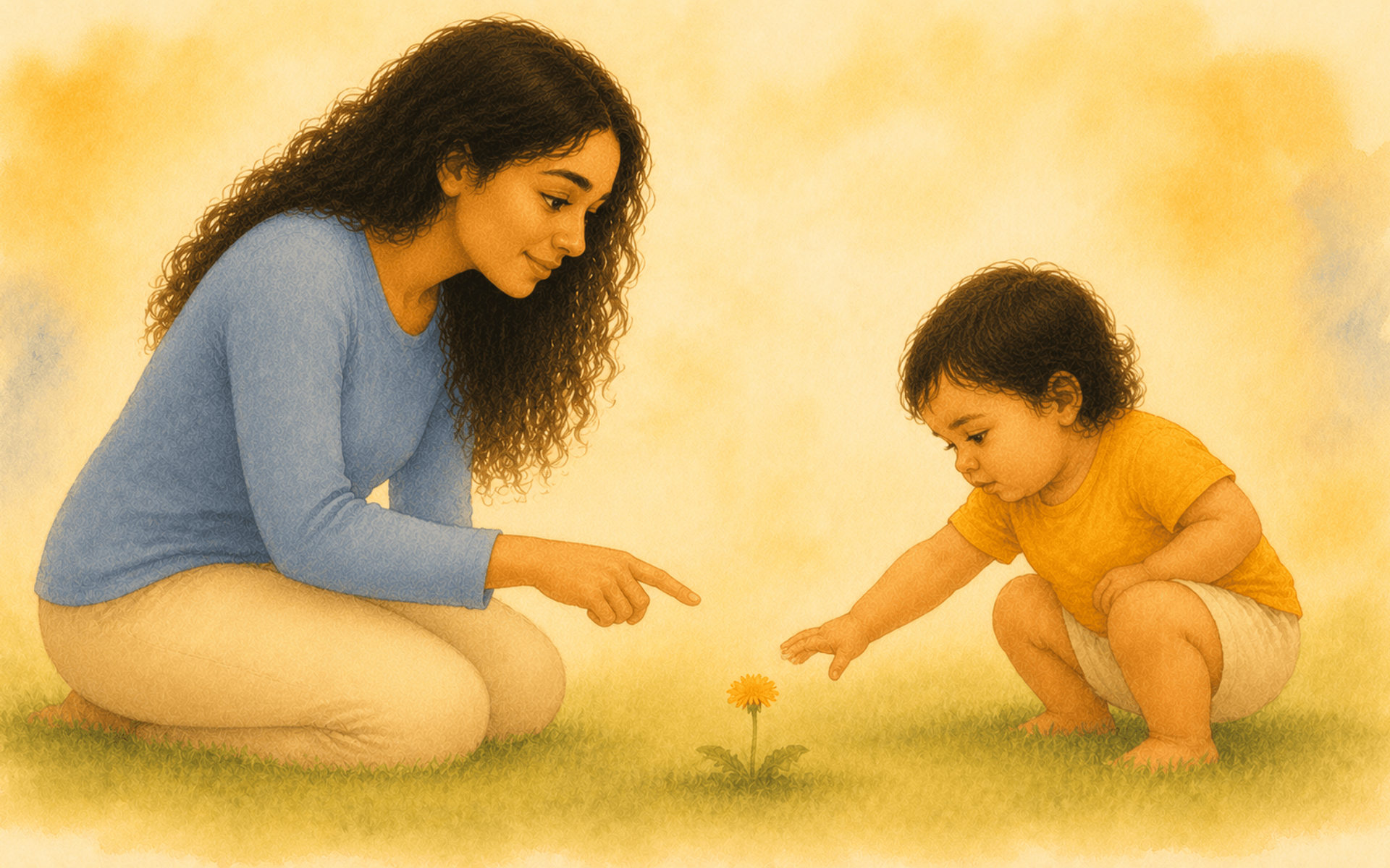 Toddler crouching outdoors reaching toward a dandelion while mother kneels beside and points — outdoor summer activities for toddlers and early language development