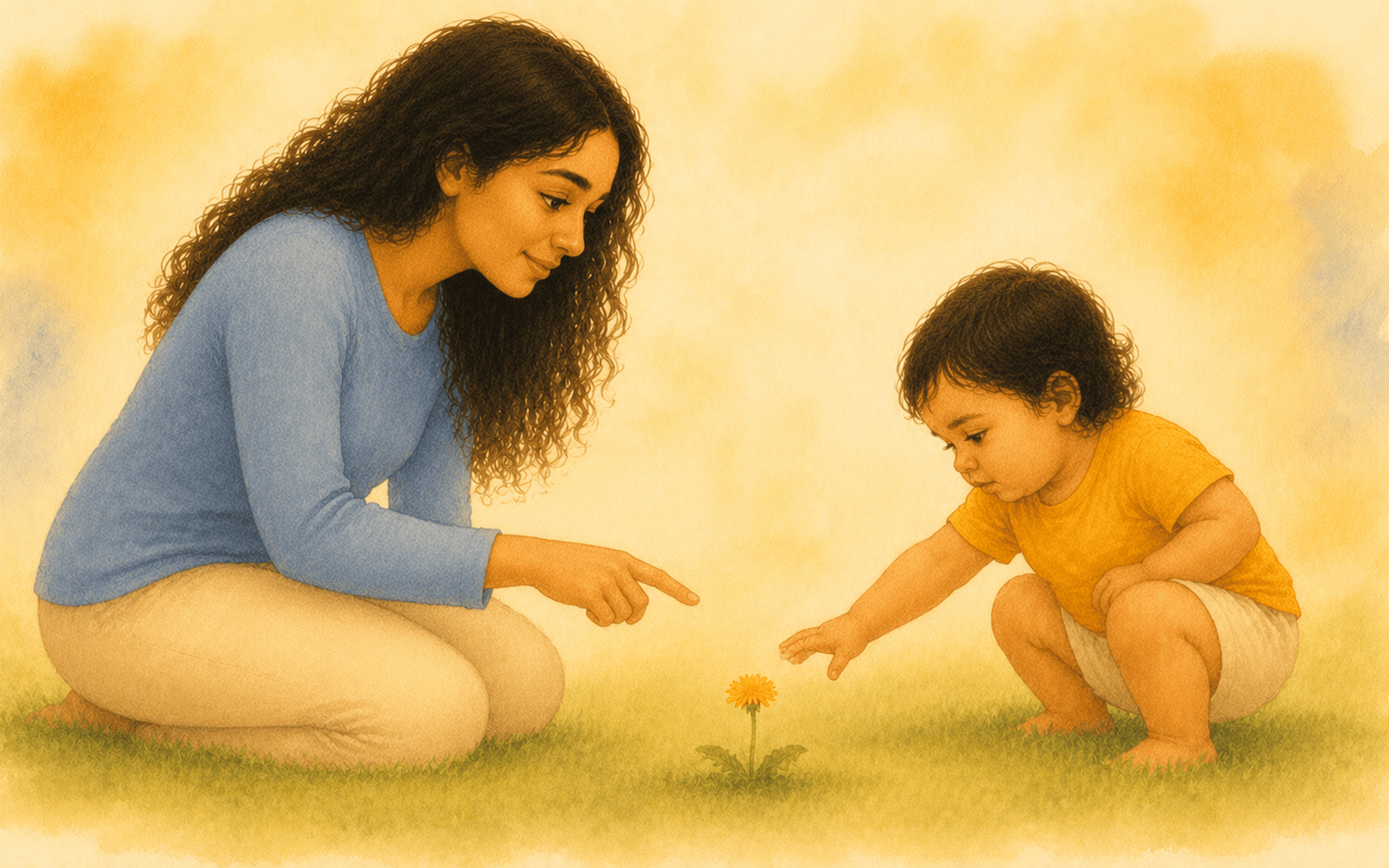 Toddler crouching outdoors reaching toward a dandelion while mother kneels beside and points — outdoor summer activities for toddlers and early language development