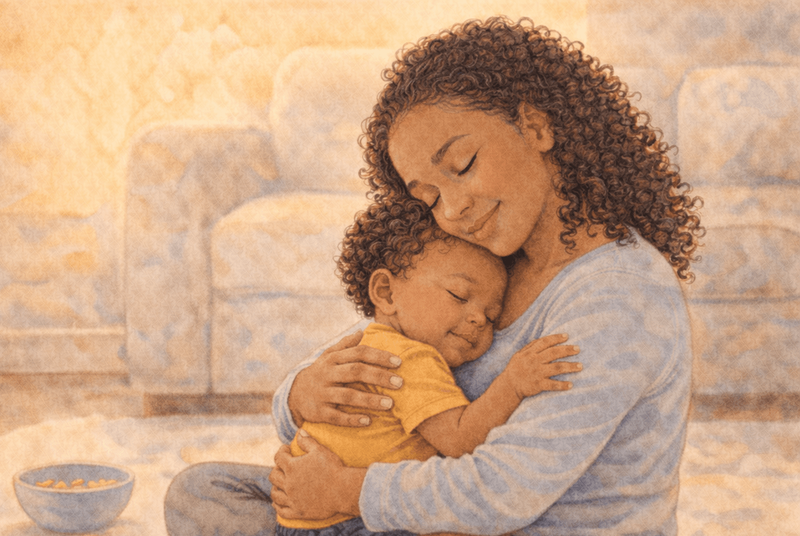 Mother and toddler hugging on the floor in warm evening light with blue bowl nearby