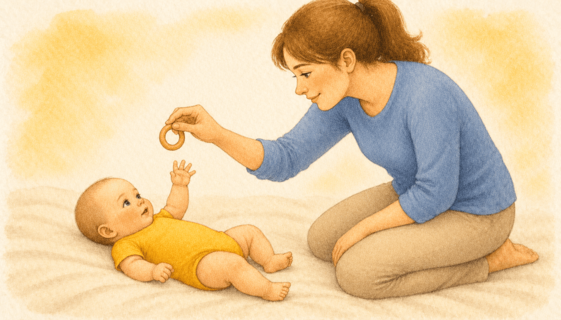 Four-month-old baby lying on a cream blanket reaching toward a wooden ring held by the mother — illustrating early hand eye coordination activities for babies
