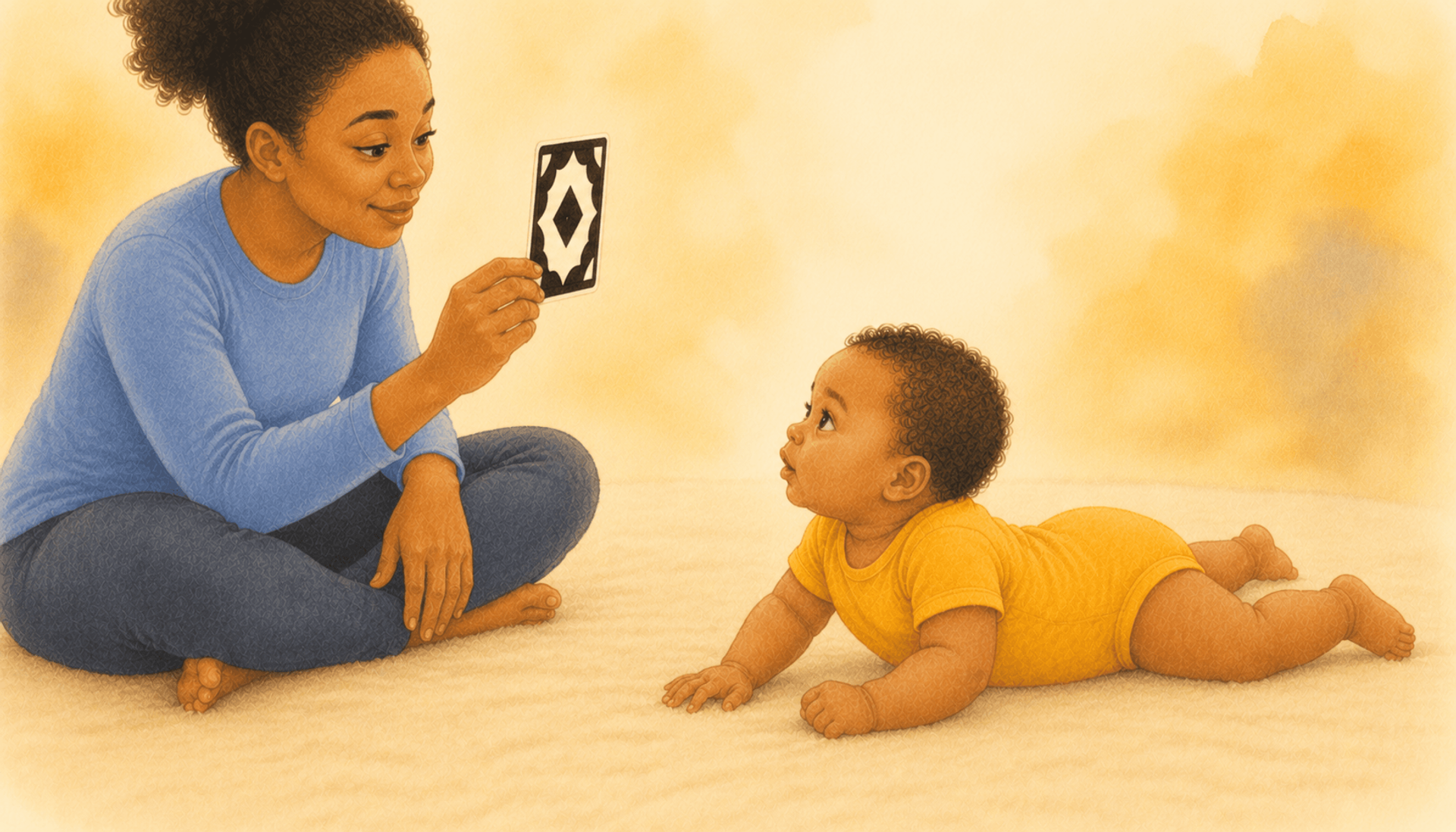 Four-month-old baby in forearm-prop tummy time position looking up at a black-and-white high contrast card held by mother — tummy time exercises at 4 months