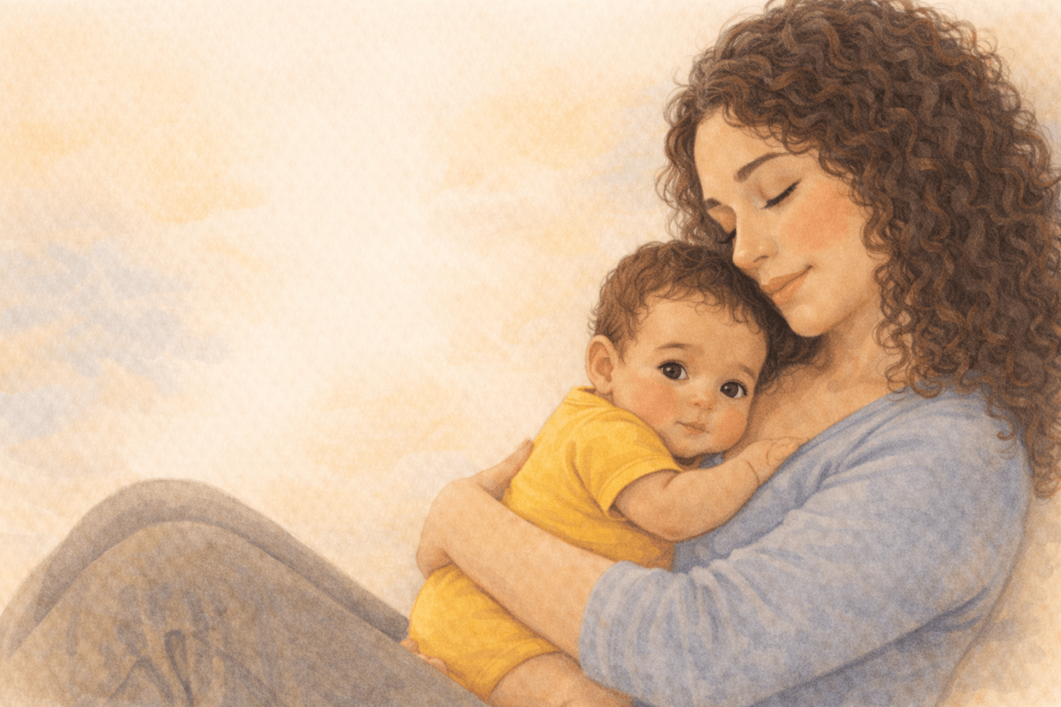 Watercolor illustration of a mother sitting on the floor holding her baby close, in a quiet moment